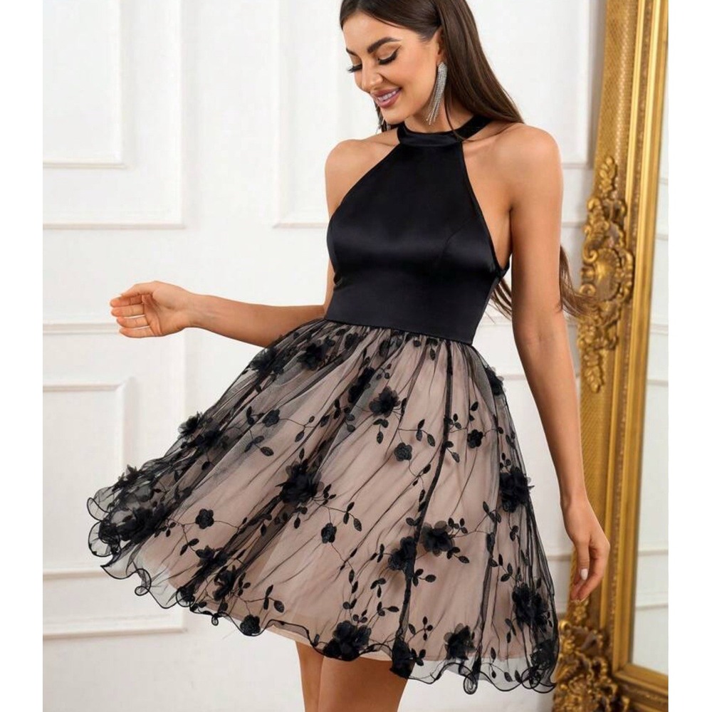 NWT Shein Dress Womens XS Black Nude Halter A Line‎ Tulle Floral Whimsigoth